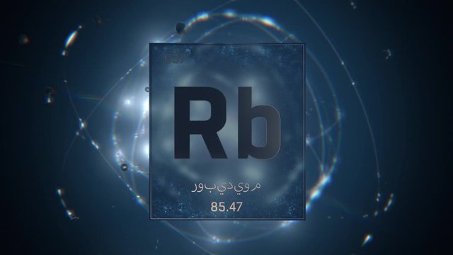 Rubidium as Element 37 of the Periodic Table. Seamlessly looping 3D animation on blue illuminated atom design background orbiting electrons name, atomic weight element number in Arabic language