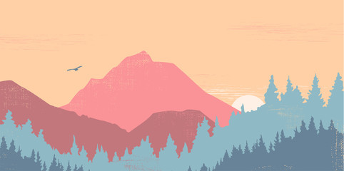 Beautiful atmospheric landscape with wooded mountains.Vector horizontal banner.