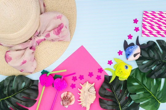 Summer vacation concept. Beach decoration and accessories on the table 