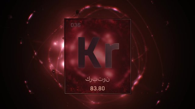 Krypton as Element 36 of the Periodic Table. Seamlessly looping 3D animation on red illuminated atom design background orbiting electrons name, atomic weight element number in Arabic language