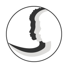 Sisterhood. Feminism. Gender equality. Set of female face silhouettes. Black and white vector illustration.