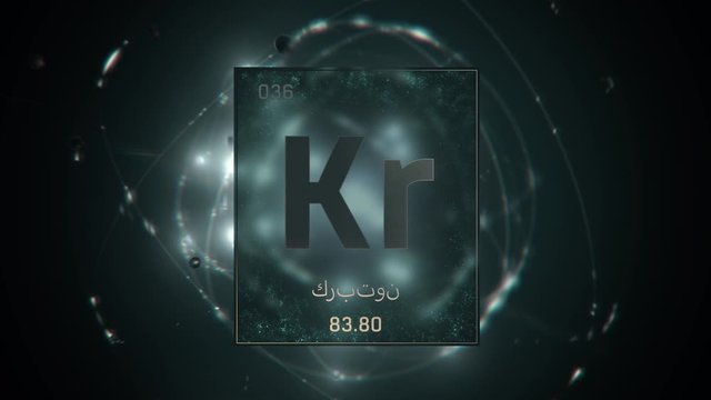 Krypton as Element 36 of the Periodic Table. Seamlessly looping 3D animation on grey illuminated atom design background orbiting electrons name, atomic weight element number in Arabic language