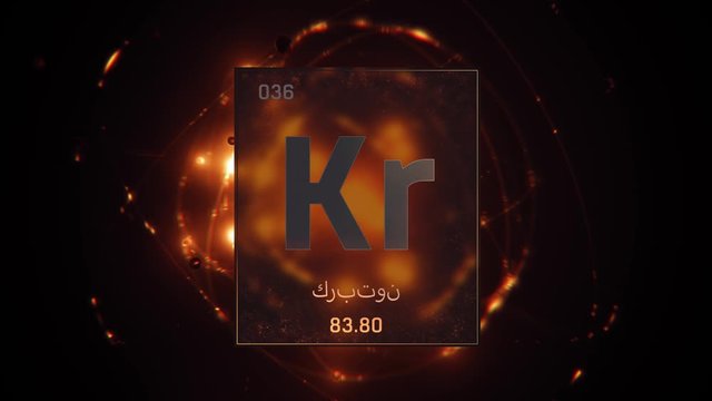 Krypton as Element 36 of the Periodic Table. Seamlessly looping 3D animation on orange illuminated atom design background orbiting electrons name, atomic weight element number in Arabic language