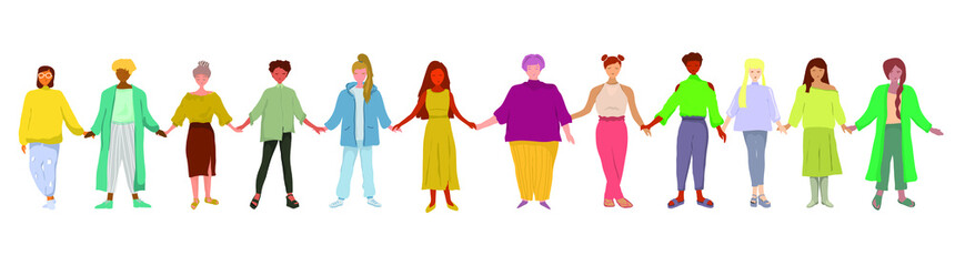 Women hanging hands together. Girl power concept. Group of women. Vector illustration.