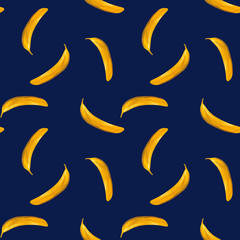 Obraz na płótnie Canvas Banana seamless pattern. Single yellow bananas on a dark blue background. Hand drawing gouache. Design for fabric, textile, catering, postcards, packaging