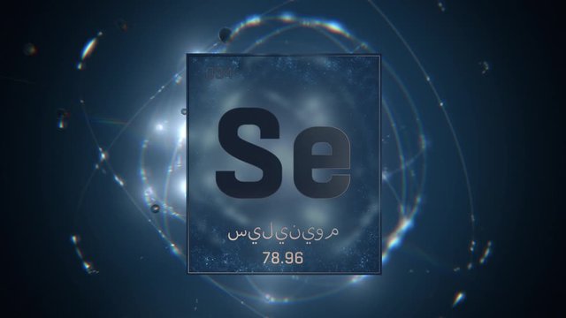 Selenium as Element 34 of the Periodic Table. Seamlessly looping 3D animation on blue illuminated atom design background orbiting electrons name, atomic weight element number in Arabic language