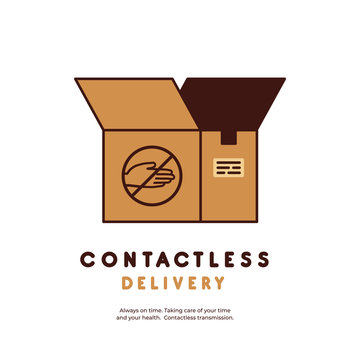 Contactless Delivery Concept. Safe And Fast Delivery. Hands Free Delivery. Logo For Company. A Sign With A Crossed-out Hand. Stopping The Virus From Spreading. Covid-19.