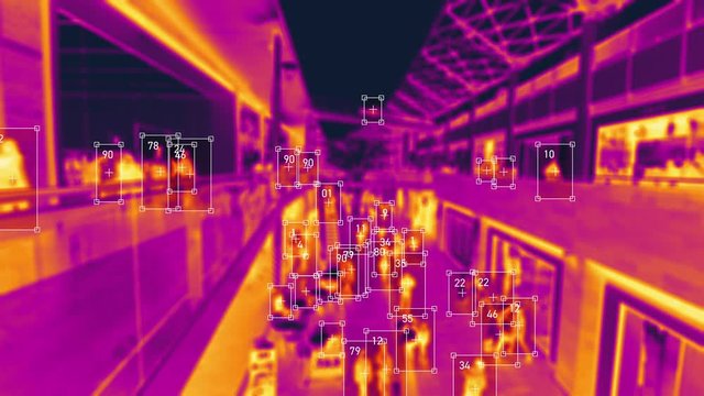 Crowded building with commuters walking. Artificial intelligence and facial recognition are used for surveillance purposes. Individual data tracking with thermal camera. Deep learning. Futuristic.