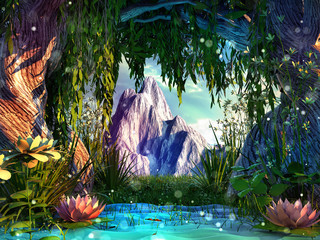 Fototapety  Piękny krajobraz z górami, jeziorem i drzewami. ilustracja 3d, renderowanie 3d.