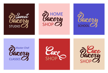 Colored Sweet Cake Bakery shop lettering typography set. Ideal for logotype design, icon, card, postcard, logo banner. Vector handwritten illustration.