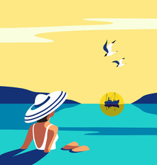 Obraz na płótnie Canvas Girl sitting in water enjoys seaside sunset vector