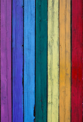 vertical textured background from old wooden planks painted in different colors of the rainbow