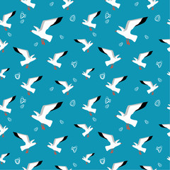  Seamless pattern: seagulls and doodles on a blue background. flat vector. illustration