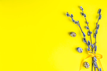 willow on a yellow background. quail eggs. Spring, Easter.