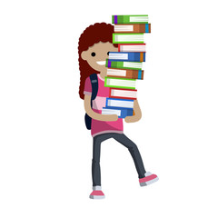 Funny girl student carries heavy stack of books. Problems of teaching children. comic situation. textbooks and notebooks of women - Cartoon flat illustration