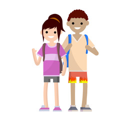 Couple in summer clothes. Students boyfriend and girlfriend with backpacks. Travelers man and girl. Communication multicultural friends. Cartoon flat illustration.