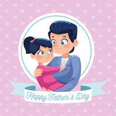 happy fathers day card with dad carring daughter in circular frame
