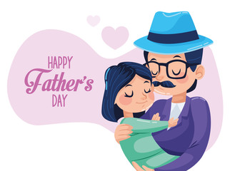 happy fathers day card with hipster dad carring daughter