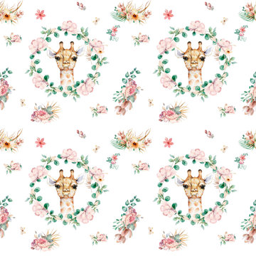 Giraffe pattern Hand drawn watercolor cartoon giraffe tropical animal isolated illustration. Jungle exotic summer design