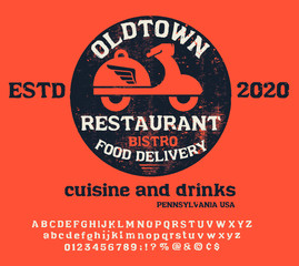Illustration of business logotype restaurant and cafe. Vector design logo food delivery.Hand drawn vintage retro font.Letters and numbers. 