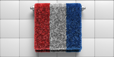 Netherlands flag bath towel hanging on white wall background. Sanitary, hygiene, concept.  3d illustration