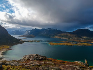 Lofoten islands, landscape with sea view aerial view