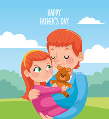 happy fathers day card with dad carring daughter in the camp