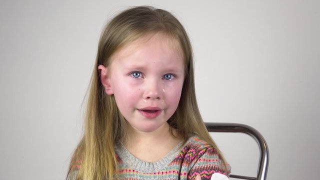 Portrait crying little girl . tears streaming down her face. Real human emotions. Children face wet from tears. 4k