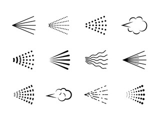 Fototapeta premium Spray icons. Scatter gas black silhouette, nozzle deodorant cloud. Clean water drop, hairspray aerosol haze, sprayer steam vector set