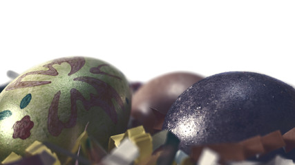 Colorful Easter eggs on stands, with paper decor of different colors in focus. Cake with icing in focus. 
With free space.