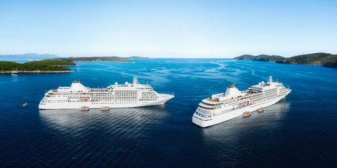 Panoramic landscape with cruise liner on Adriatic sea. Luxury cruise. Croatia. Aerial view at the cruise ship at the day time. Adventure and travel. Travel - image