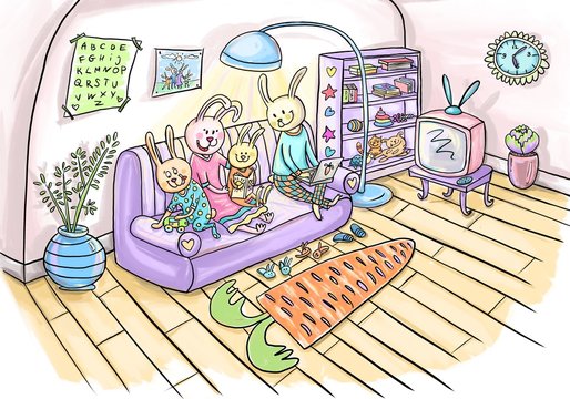 Colourful cartoon illustration of a bunnies family who studying and working from home online. Self isolation while quarantine because of coronavirus covid-19. 