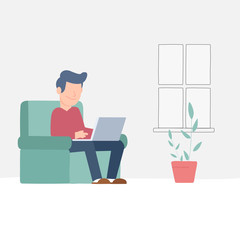 Working at home, young man freelancer working on laptop at home. Vector flat person illustration.