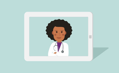 Video conference remote with your doctor. Tablet screen with black woman doctor online. Vector flat person illustration.