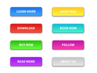 Ui buttons. Colored trendy flat button. Buy, now and learn, more. Download and read, more. Pointer navigation vector elements