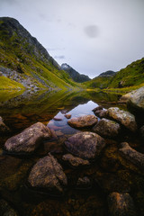 mountain lake in the Lofoten islands, alpine meadows and stones