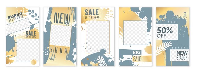 Stories. Personal blog social networks posts, trendy editable media stories, cover frame background with gold texture vector set