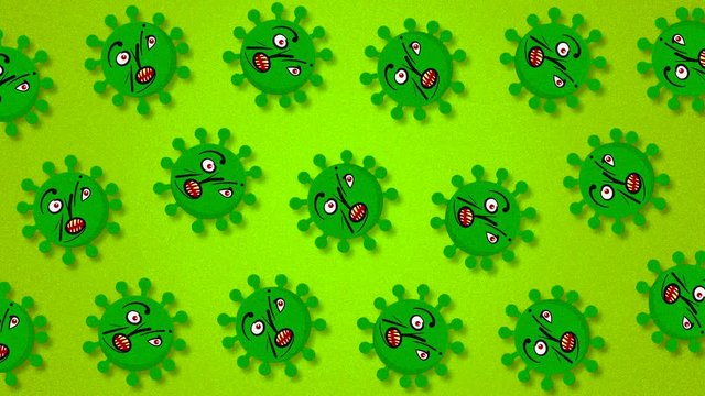 The face of the coronavirus in the figure with moving parts of the body. Drawn virus with eyes and mouth in letters. Abstract footage with a drawn virus with horizontal movement on a green background.