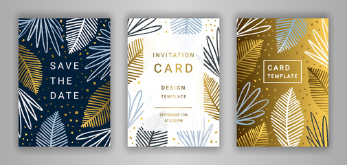 Wedding invitation card template EPS 10 vector set. Elegant tropic palm tree leaves background. Save the date phrase. Hand drawn exotic tropical branches. Black, white, gold, silver and blue decor.