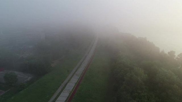 Novi Sad. Fog. Novosadski kej. Aerial footage.