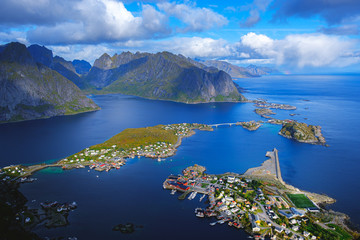 view of the village among the fjords in norway, lofoten islands - obrazy, fototapety, plakaty