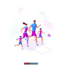 Fototapeta na wymiar Trendy flat illustration. Sport Time concept. Running man, woman and children. Happy Family. Template for your design works. Vector graphics.