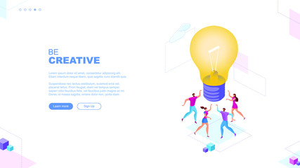 Trendy flat illustration. Be creative page concept. Teamwork metaphor concept. Cooperation of people who implement the joint idea. Template for your design works. Vector graphics.
