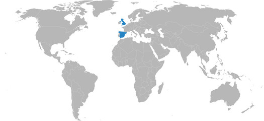 Spain, United kingdom, countries highlighted on world map. Business concepts, diplomatic, trade, transport relations.