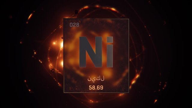 Nickel as Element 28 of the Periodic Table. Seamlessly looping 3D animation on gold illuminated atom design background orbiting electrons name, atomic weight element number in Arabic language