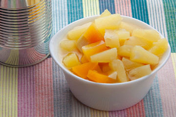 Tasty ripe appetizing mango on  plate on the table