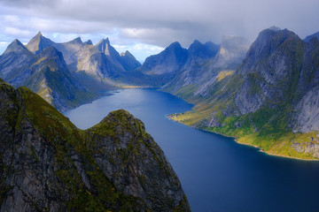 dramatic mountains of the Lofoten islands, autumn in norway, fjords