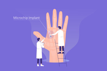 Fototapeta premium Human biometric microchipping. Scientists or specialists implanting a microchip inside of a huge hand. RFID (Radio-frequency identification) technology concept. Isolated vector illustration.