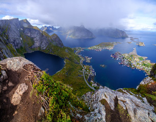 Fototapeta na wymiar landscape with foreground from the top of the mountain, Lofoten islands, norway