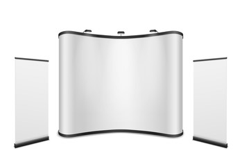 Show booth with roll up banners. Advertisement billboard, empty info stand template. White exhibition promotion presentation vector mockup